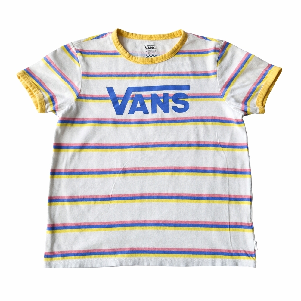 Vans Kids Striped Logo Tee Size Medium 10-12 Yellow Trim Skater Style